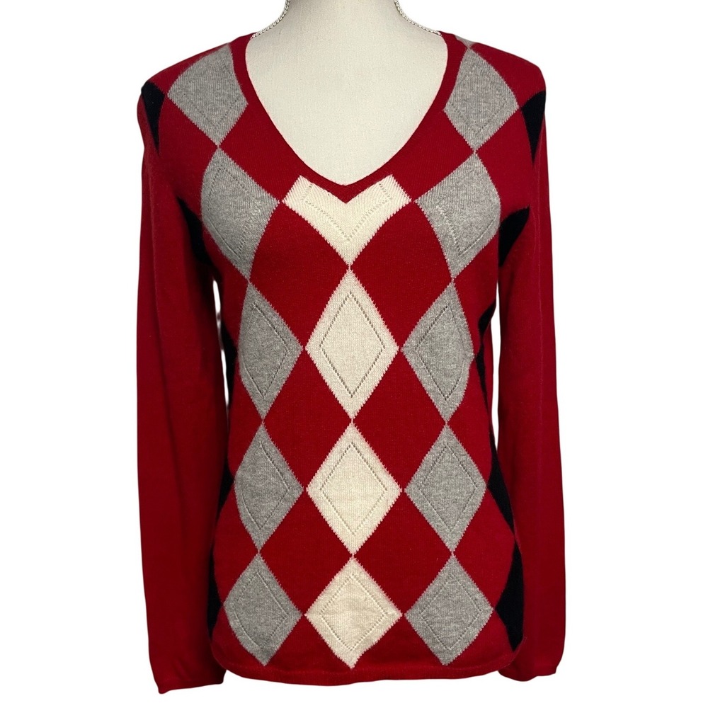 Charter Club Cashmere Red V Neck Argyle Sweater Women's Medium - Picture 3 of 9